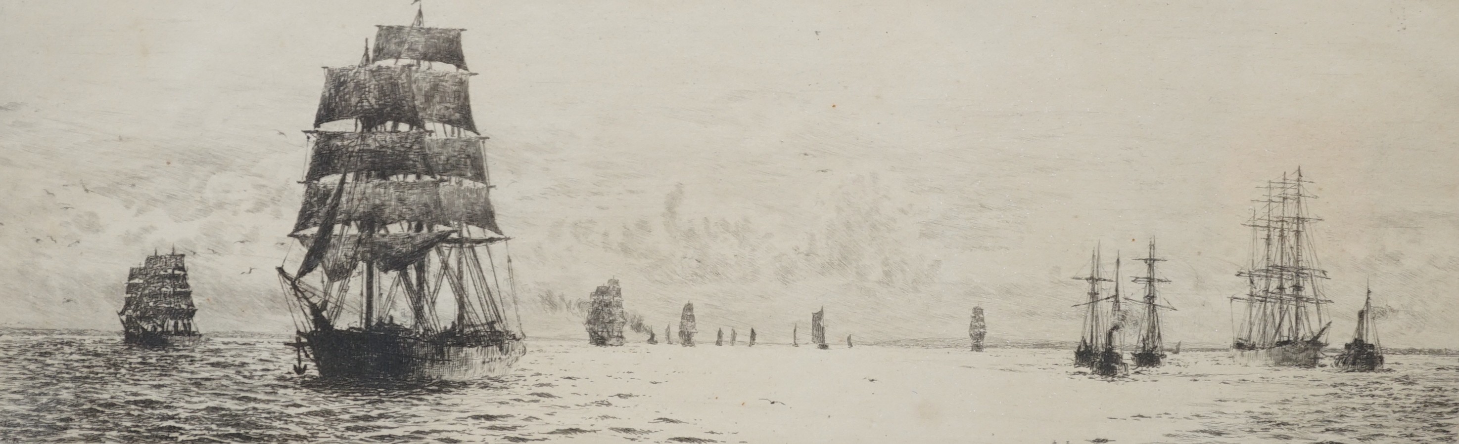 William Lionel Wylie (1851-1931), drypoint etching, Ships in convoy, signed in pencil outside the plate, 12 x 34cm, together with another similar, unsigned, 20 x 50 cm